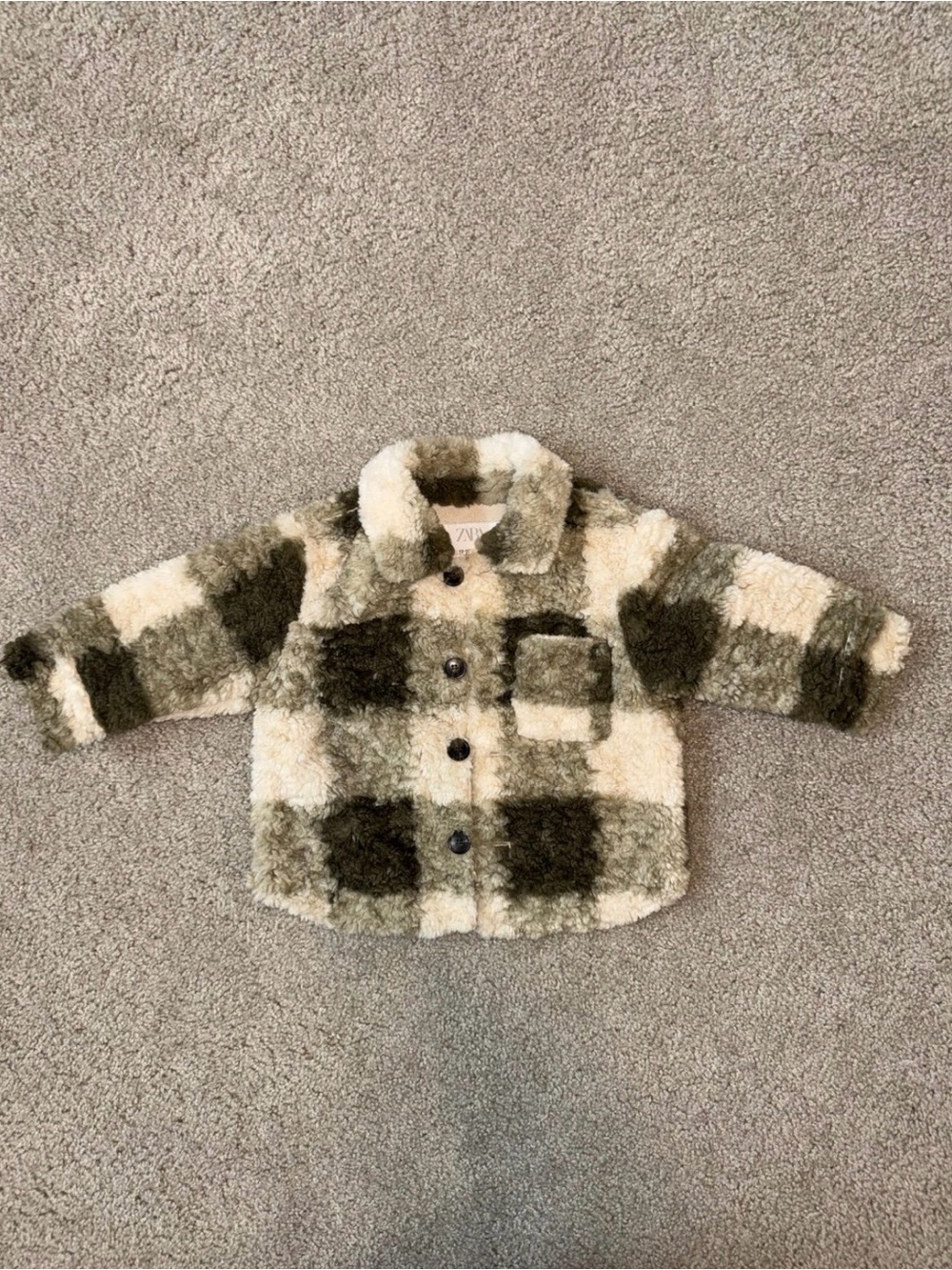 Zara Kids Plush Plaid Shacket - Cream & Olive Green
